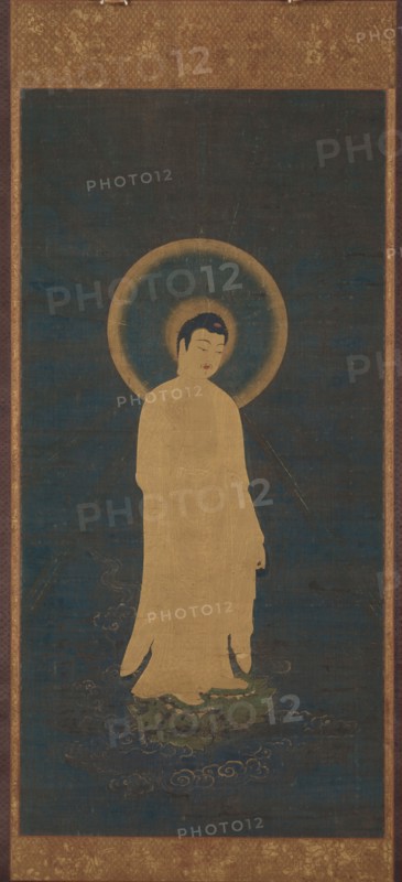 Welcoming Descent of Amida Buddha (Raigo), about 1270—1333. Japan, Kamakura Period  (1185-1333). Hanging scroll; ink, color, gold and cut gold on silk; painting only: 95.3 x 46.6 cm (37 1/2 x 18 3/8 in.); overall: 171 x 64.2 cm (67 5/16 x 25 1/4 in.); overall with knobs: 171 x 68.6 cm (67 5/16 x 27 in.).