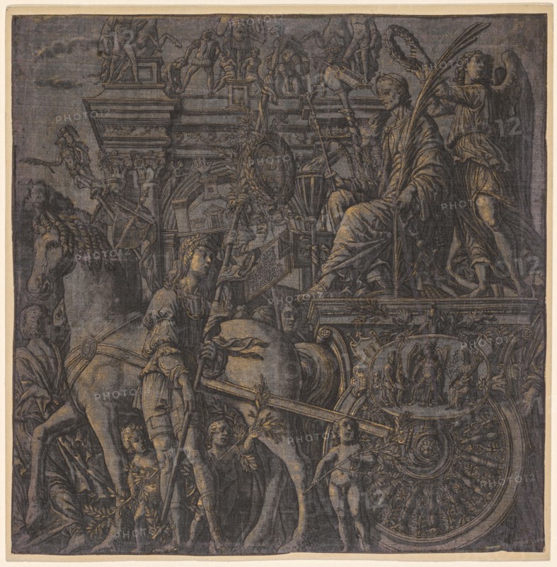 The Triumph of Julius Caesar: Caesar Triumphant, 1593-99. Andrea Andreani (Italian, about 1558–1610), after Andrea Mantegna (Italian, 1431-1506). Woodcut printed on silk, heightened by hand with gold; sheet: 37.6 x 37.3 cm (14 13/16 x 14 11/16 in.)