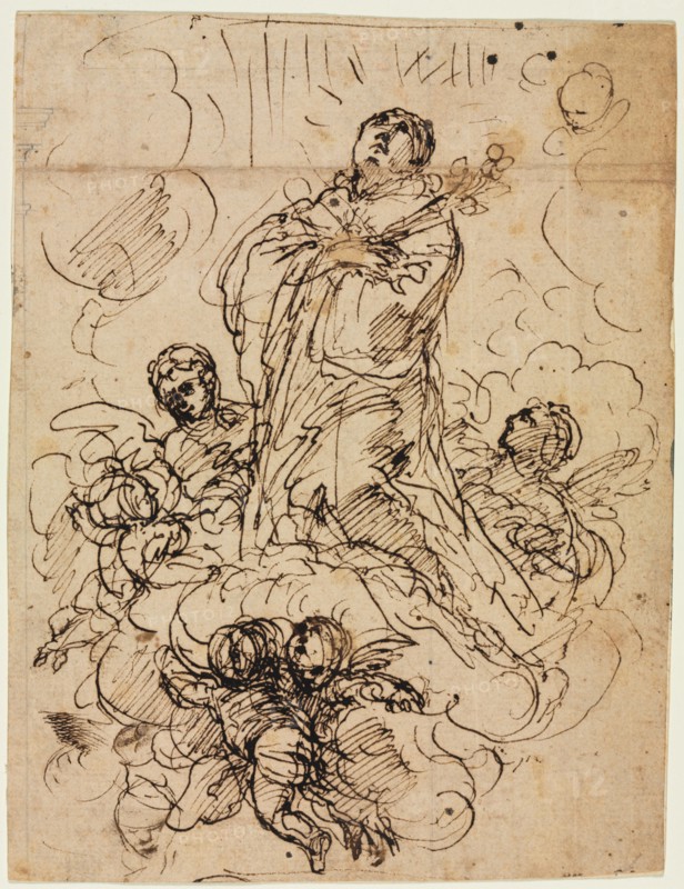Apotheosis of a Saint, c. 1700?. Attributed to Antonio Domenico Gabbiani (Italian, 1652-1726). Pen and brown ink (iron gall) with graphite (architectural element); sheet: 22.1 x 16.7 cm (8 11/16 x 6 9/16 in.); secondary support: 22.1 x 16.7 cm (8 11/16 x 6 9/16 in.).