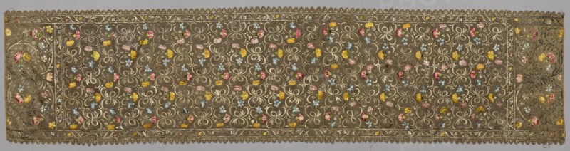 Christening Mantle (?), late 1500s. Italy, late 16th century. Silk, gold thread; embroidery: couching, stem, long, and short stitches; overall: 204.5 x 50 cm (80 1/2 x 19 11/16 in.)