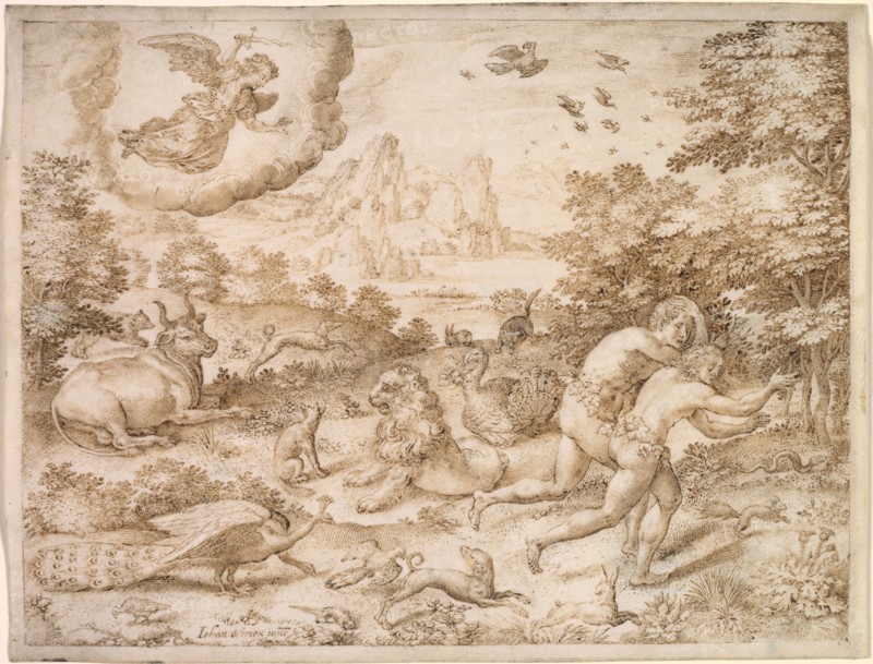 The Expulsion from Paradise, c. 1606. Jan Wierix (Flemish, c. 1549-aft 1615). Pen and brown ink, framing lines in brown ink; sheet: 9.5 x 12.4 cm (3 3/4 x 4 7/8 in.); image: 9 x 11.9 cm (3 9/16 x 4 11/16 in.).