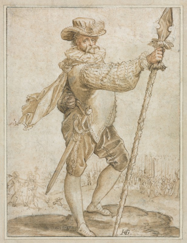 Standing Officer Holding a Boar's Spear, 1586. Hendrick Goltzius (Dutch, 1558–1617). Pen and brown ink and brush and brown wash with red chalk (in the face and hands), heightened with traces of white, over black chalk, incised throughout, framing lines in brown ink and graphite; sheet: 20.6 x 15.6 cm (8 1/8 x 6 1/8 in.).