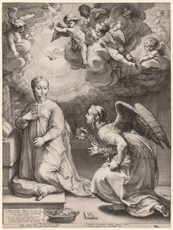 The Life of the Virgin: The Annunciation, 1594. Hendrick Goltzius (Dutch, 1558–1617). Engraving; sheet: 47 x 35.1 cm (18 1/2 x 13 13/16 in.); image: 46.1 x 34.9 cm (18 1/8 x 13 3/4 in.)