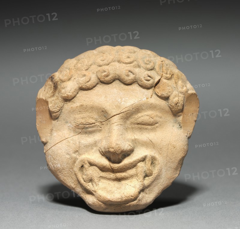 Gorgon Plaque with Incised Figure of a Dancing Satyr, c. 525-475 BC. Greece, South Italy, Taranto, 6th-5th century BC. Terracotta; overall: 6.7 x 6.7 cm (2 5/8 x 2 5/8 in.)