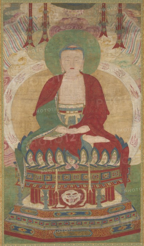 Seated Amitabha, late 1500s-early 1600s. Chinese, Ming dynasty (1368-1644). Hanging scroll, ink and color on silk; overall: 234.9 x 105.7 cm (92 1/2 x 41 5/8 in.); painting only: 128.5 x 73 cm (50 9/16 x 28 3/4 in.).