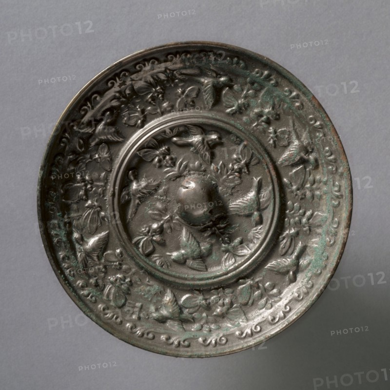 Mirror with Sparrows and Floral Sprays, late 600s-early 700s. China, Tang dynasty (618-907). Bronze; diameter: 9.3 cm (3 11/16 in.); overall: 0.8 cm (5/16 in.); rim: 0.8 cm (5/16 in.).
