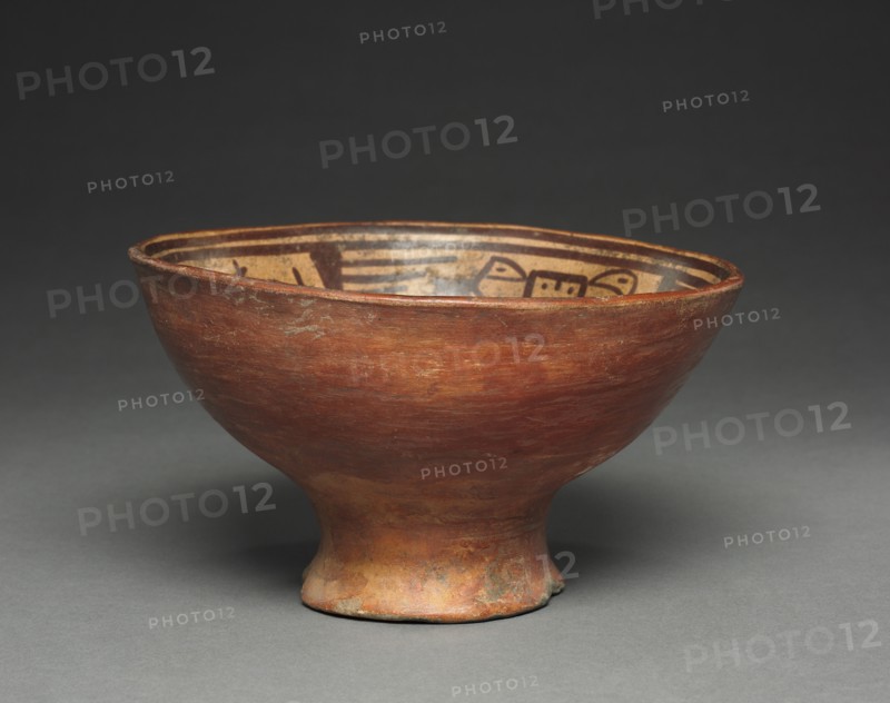 Bowl with Humans and Birds, c. 1250-1550. Colombia, Highland Nariño region,Tuza style, 13th-15th century. Earthenware with colored slips; diameter: 11.5 x 19.5 cm (4 1/2 x 7 11/16 in.); overall: 11.4 cm (4 1/2 in.).