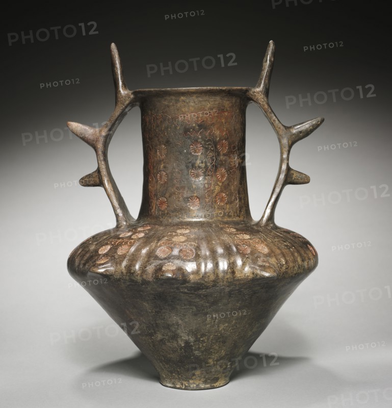 Amphora with Spiked Handles, 700-675 BC. Italy, Latium, Italic, 3rd quarter 7th Century BC. Brown impasto ceramic; diameter: 26.2 cm (10 5/16 in.); overall: 31.3 x 29.1 cm (12 5/16 x 11 7/16 in.).