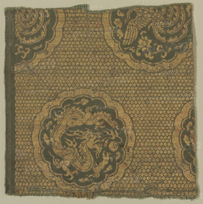 Textile with Phoenixes and Dragons, 1279-1368. China, Yuan dynasty (1260-1368). Lampas, silk and gold thread; overall: 20.4 x 20.4 cm (8 1/16 x 8 1/16 in.)