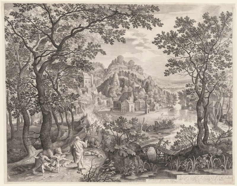 Elisha Cursing the Children of Bethel Who Are Being Devoured by the Bears, 1602. Gillis van Coninxloo (Netherlandish, 1544-1607), Nicolaes de Bruyn (Netherlandish, 1571-1656). Engraving; sheet: 47.4 x 59.9 cm (18 11/16 x 23 9/16 in.); platemark: 46.5 x 58.7 cm (18 5/16 x 23 1/8 in.)