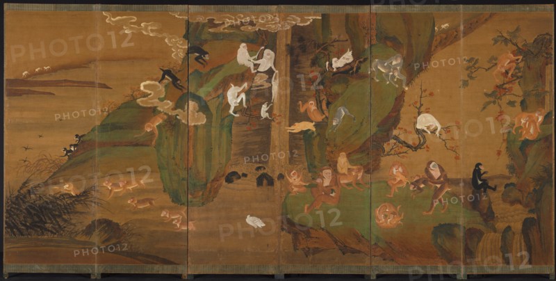 Gibbons in a Landscape, late 1800s or early 1900s. Korea, Joseon dynasty (1392-1910). Six-fold screen, ink and color on hemp; painting only: 104.8 x 393.7 cm (41 1/4 x 155 in.).