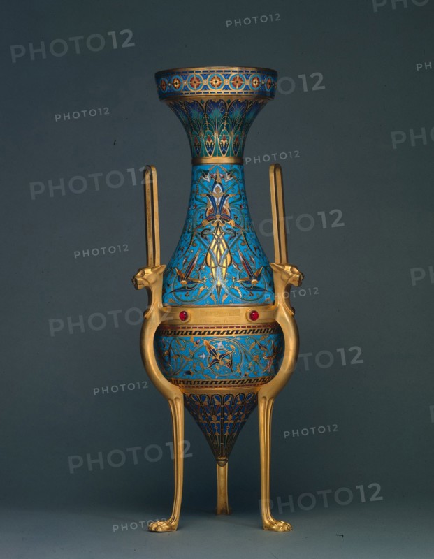 Vase, c. 1862. Firm of Ferdinand Barbedienne (French, 1810-1892), Louis-Constant Sévin (French, 1821-1888). Gilt bronze with enamel decoration; overall: 78.7 x 27.3 cm (31 x 10 3/4 in.).