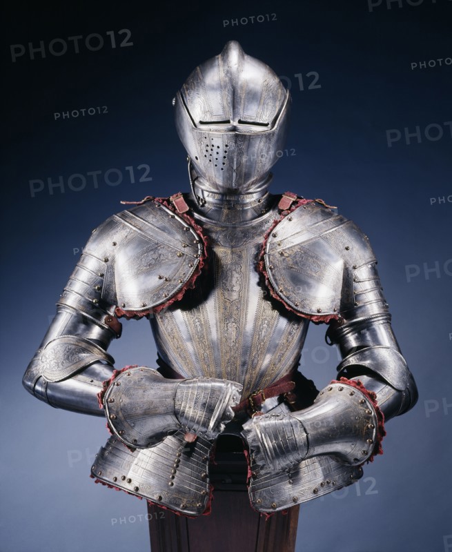 Half Armor for the Foot Tournament, c. 1590. Pompeo della Cesa (Italian, active 1572-93). Etched and gilded steel, brass rivets, leather and velvet fittings; overall: 31.7 x 27.7 x 21.6 cm (12 1/2 x 10 7/8 x 8 1/2 in.).