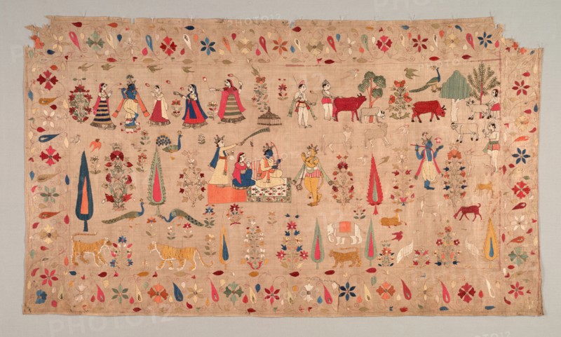 Rumal Decorated with Scenes of Krishna's Life, 1700s. India, Himachal Pradesh, 18th century. Embroidery, silk, and silver wire on cotton; overall: 65.4 x 111.8 cm (25 3/4 x 44 in.).