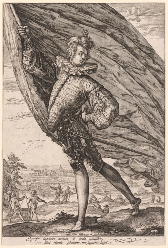The Standard Bearer, Turned to Left, 1587. Hendrick Goltzius (Dutch, 1558–1617). Engraving; sheet: 27.9 x 18.9 cm (11 x 7 7/16 in.); image: 26.8 x 18.7 cm (10 9/16 x 7 3/8 in.)