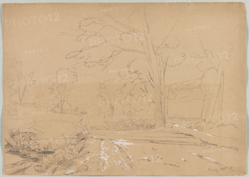 Landscape with Man Fishing, Conway, New Hampshire, 1851. David Johnson (American, 1827-1908). Graphite heightened with white; sheet: 27 x 38.3 cm (10 5/8 x 15 1/16 in.).