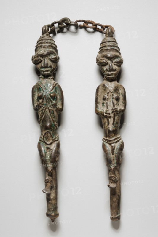Figure Pair, 1800s. Guinea Coast, Nigeria, Yoruba, 19th century. Brass and iron; overall: 15 cm (5 7/8 in.)
