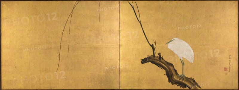 Heron on a Willow Branch, late 1700s. Maruyama Okyo (Japanese, 1733-1795). Two-panel folding screen; ink, color, lacquer, and gold on silk; image: 69.4 x 185 cm (27 5/16 x 72 13/16 in.).