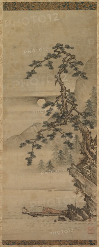 Moonlit Landscape of Pine Tree with Old Man in Boat, Muromachi period, 1392-1573. Oguri Sotan (Japanese, 1413-1481). Hanging scroll; ink on paper; image: 118.8 x 50.2 cm (46 3/4 x 19 3/4 in.).