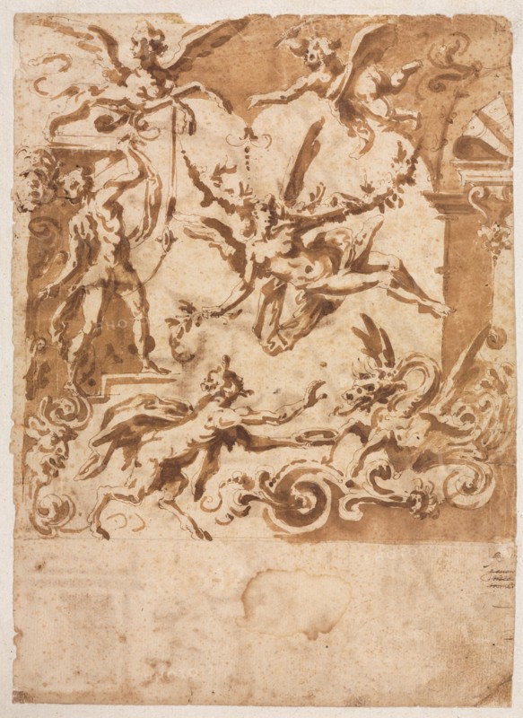 Grotesque with a Satyr Feeding a Dragon (recto), c. 1565/1588. Marco Marchetti (Italian, 1565-1588). Pen and brown ink and brush and brown wash, over traces of black chalk; sheet: 27.4 x 19.8 cm (10 13/16 x 7 13/16 in.); secondary support: 31.4 x 23 cm (12 3/8 x 9 1/16 in.).