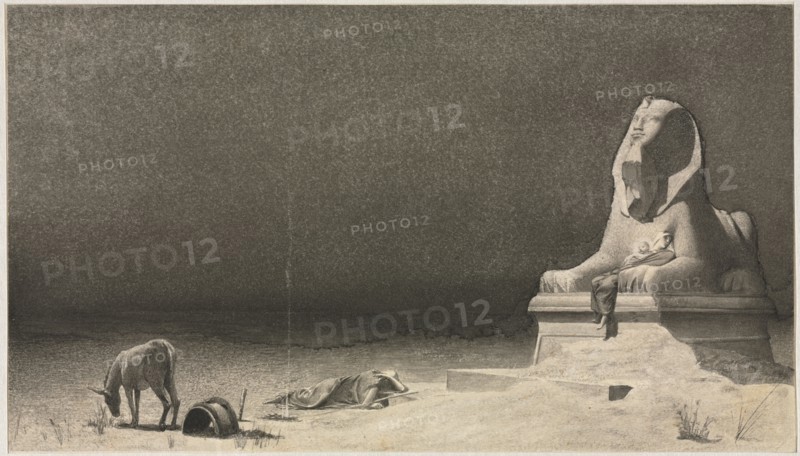 The Rest on the Flight into Egypt (recto); Sketch of a Sphinx [?] (verso), c. 1879-80. Luc-Olivier Merson (French, 1846-1920). Gray and graphite wash, with scraping and traces of black chalk; sheet: 14.5 x 25.5 cm (5 11/16 x 10 1/16 in.); secondary support: 27.9 x 39 cm (11 x 15 3/8 in.).
