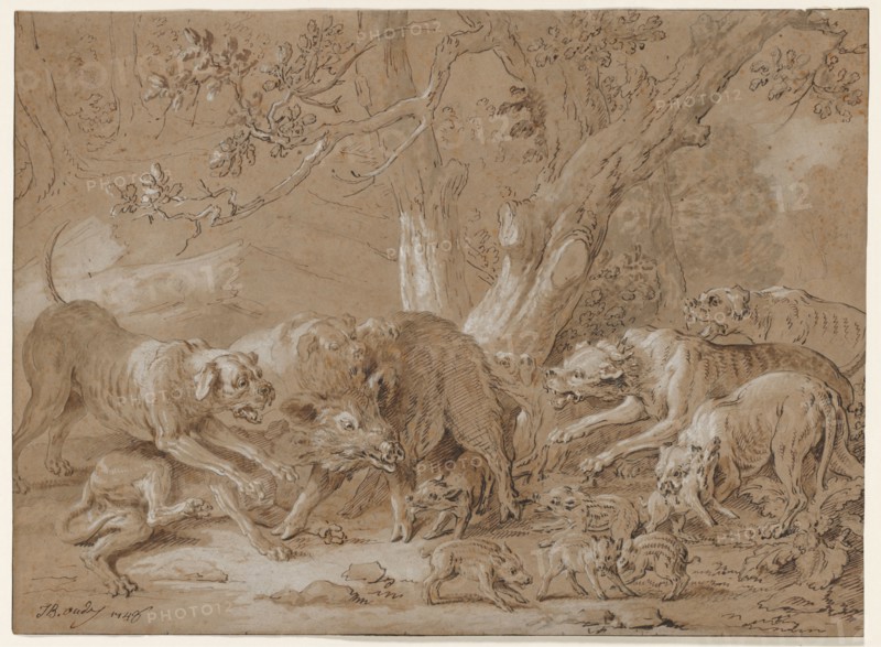 Wild Sow and Her Young Attacked by Dogs, 1748. Jean-Baptiste Oudry (French, 1686-1755). Pen and brown and gray ink, brown and gray wash, heightened with white gouache on light brown laid paper; sheet: 37.7 x 51.7 cm (14 13/16 x 20 3/8 in.).