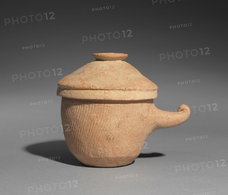 Lidded Jar with Horn Handle, 400s-500s. Korea, Silla (57 BC-AD 935) or Gaya (42-562) period. Red earthenware with impressed designs and applied red slip; overall: 10.8 cm (4 1/4 in.); 9.1 cm (3 9/16 in.).