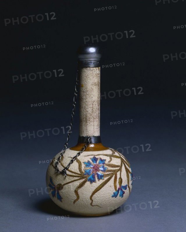 Perfume Bottle, c. 1888. England, 19th century. Stoneware with silver mounts; diameter: 7.2 cm (2 13/16 in.); overall: 14 cm (5 1/2 in.).