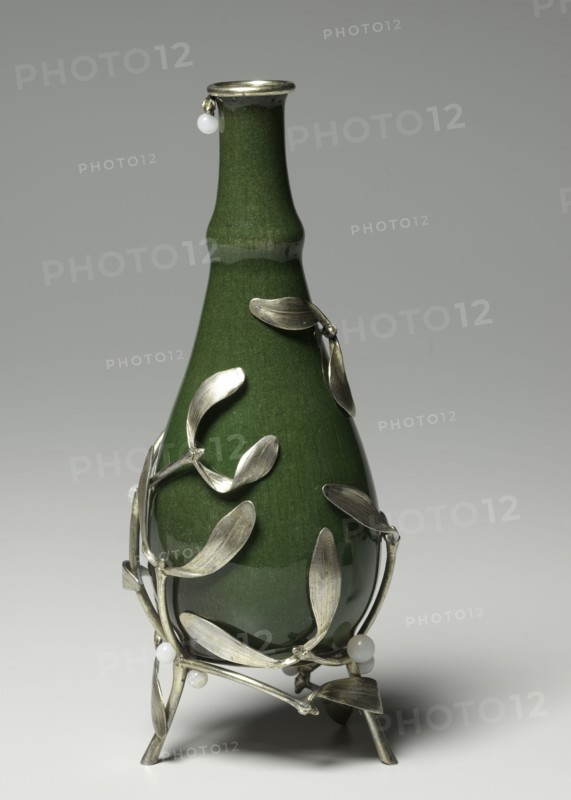 Vase, c. 1895. Auguste Delaherche (French, 1857-1940). Stoneware with silver mounts and glass beads; diameter: 7.7 cm (3 1/16 in.); overall: 19.6 cm (7 11/16 in.).