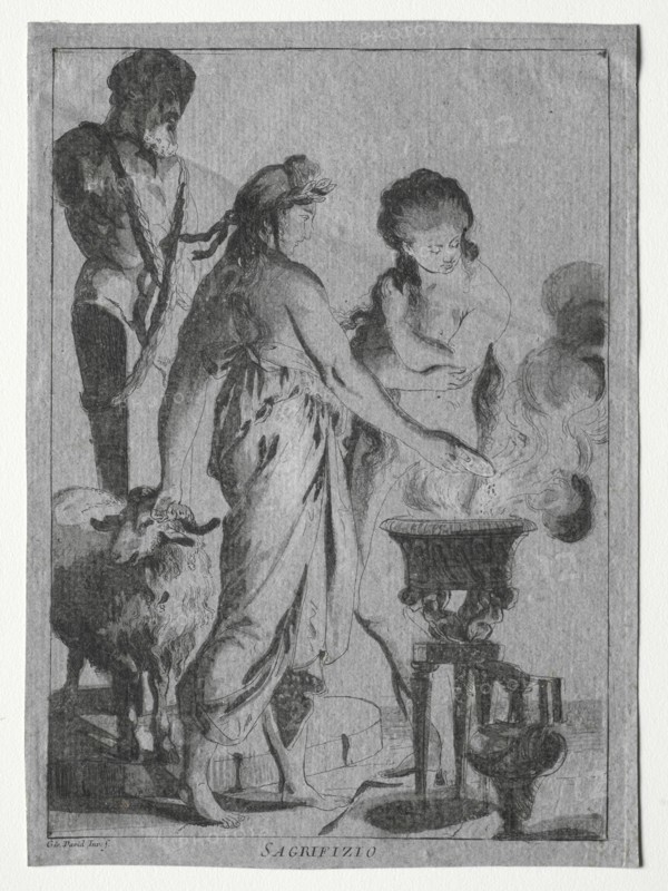 Sacrifice, c. 1775-1776. Giovanni David (Italian, 1743-1790). Etching and aquatint printed in black and brown, heightened with white gouache; sheet: 24.2 x 17.6 cm (9 1/2 x 6 15/16 in.); image: 22.7 x 16.1 cm (8 15/16 x 6 5/16 in.)