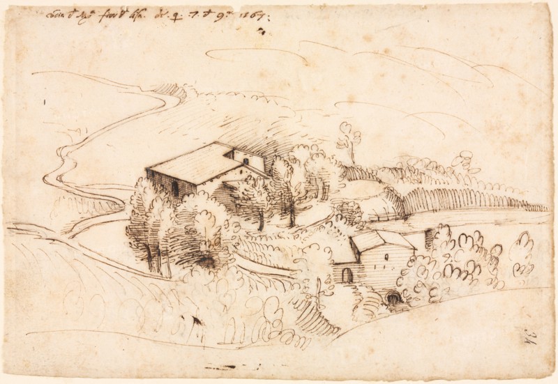 Farm with Trees in a Hilly Landscape (recto), 1567. Gherardo Cibo (Italian, 1512-1600). Pen and brown ink (iron gall); sheet: 14.4 x 21.2 cm (5 11/16 x 8 3/8 in.); secondary support: 22.4 x 28.7 cm (8 13/16 x 11 5/16 in.).
