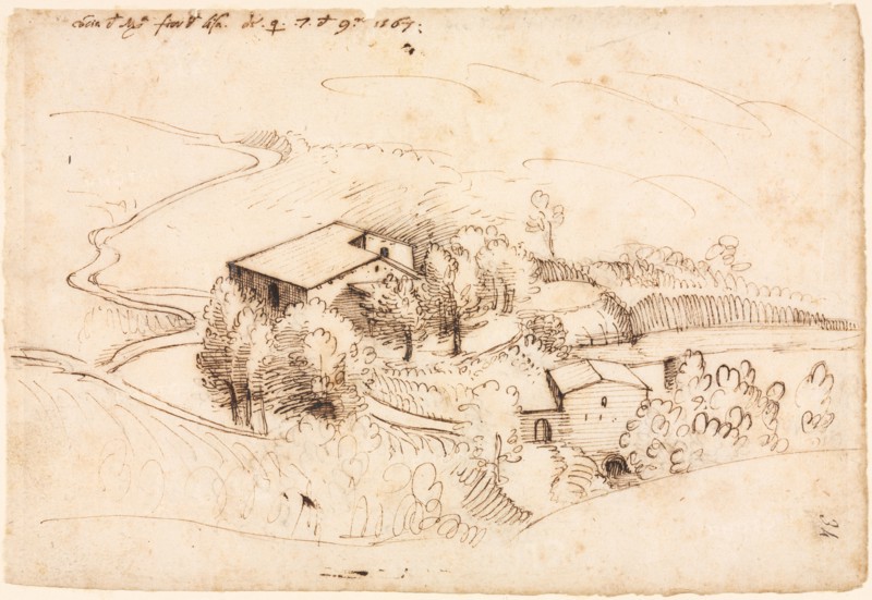 Farm with Trees in a Hilly Landscape, 1567. Gherardo Cibo (Italian, 1512-1600). Pen and brown ink (iron gall); sheet: 14.4 x 21.2 cm (5 11/16 x 8 3/8 in.); secondary support: 22.4 x 28.7 cm (8 13/16 x 11 5/16 in.).
