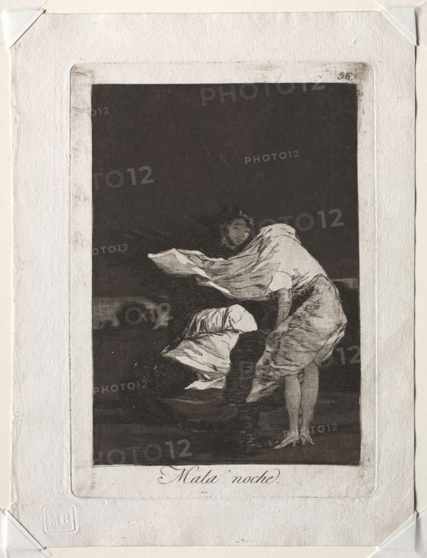 Los Caprichos: The Caprichos:  A Bad Night, 1799. Francisco de Goya (Spanish, 1746-1828). Etching and aquatint; sheet: 26.3 x 20 cm (10 3/8 x 7 7/8 in.); image: 18.9 x 13.2 cm (7 7/16 x 5 3/16 in.); platemark: 21.4 x 15.1 cm (8 7/16 x 5 15/16 in.)