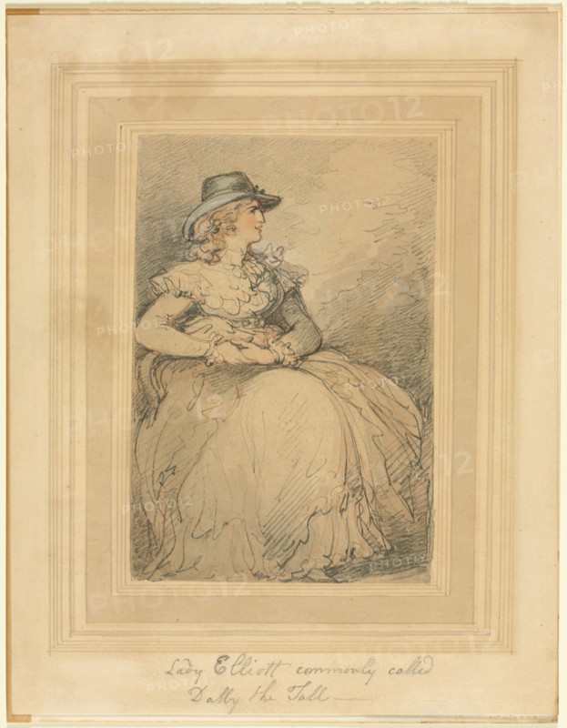 Lady Elliott, Commonly Called Dolly The Tall, 1775/1827. Thomas Rowlandson (British, 1756-1827). Graphite, pen and brown ink, and watercolor, heightened with traces of white gouache; image: 16.2 x 10.9 cm (6 3/8 x 4 5/16 in.); secondary support: 25.4 x 20 cm (10 x 7 7/8 in.).
