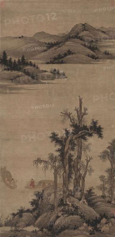 Fishermen-Hermits in Stream and Mountain, 1300s. Wu Zhen (Chinese, 1280-1354). Hanging scroll, ink and color on silk; image: 87.2 x 42.8 cm (34 5/16 x 16 7/8 in.); overall: 229 x 59.3 cm (90 3/16 x 23 3/8 in.).