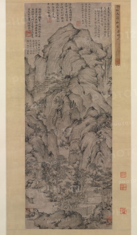 Streams and Mountains, 1372. Xu Ben (Chinese, 1335-1380). Hanging scroll, ink on paper; image: 92.2 x 37.6 cm (36 5/16 x 14 13/16 in.); overall: 228 x 54.5 cm (89 3/4 x 21 7/16 in.).
