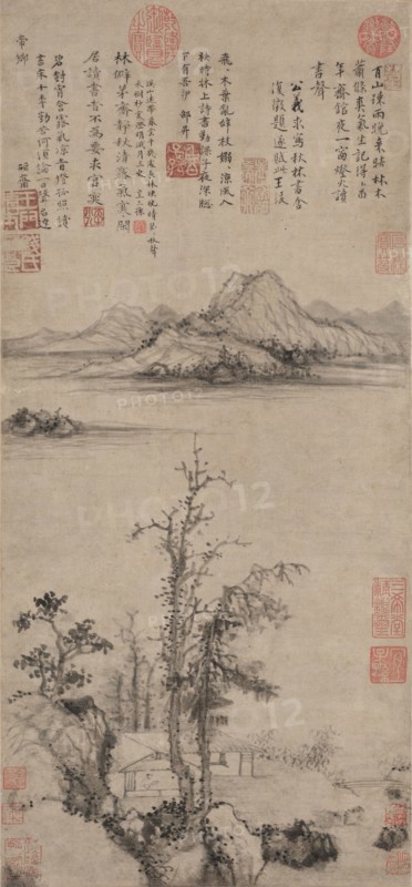 A Scholar's Retreat amid Autumn Trees, Ming dynasty (1368-1644). Wang Fu (Chinese, 1362-1416). Hanging scroll, ink on paper; image: 58.7 x 27.2 cm (23 1/8 x 10 11/16 in.); overall: 82.3 x 40 cm (32 3/8 x 15 3/4 in.).