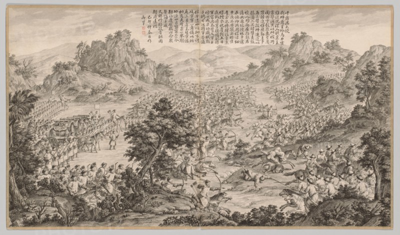Great Victory at Hu'erman: from Battle Scenes of the Quelling of Rebellions in the Western Regions, with Imperial Poems, c. 1765-1774; poem dated 1759. Jean Damascene Sallusti (Italian, d. 1781). Etching, mounted in album form, 16 leaves plus two additional leaves of inscriptions; overall: 51 x 87 cm (20 1/16 x 34 1/4 in.).