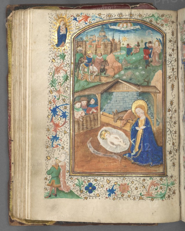 Book of Hours (Use of Utrecht): fol. 62v, The Nativity, c. 1460-1465. Master of Gijsbrecht van Brederode (Netherlandish), and Master of the Boston City of God (Netherlandish). Ink, tempera, and gold on vellum; binding:  brown Morocco over original wooden boards; overall: 5.9 x 11.6 cm (2 5/16 x 4 9/16 in.).