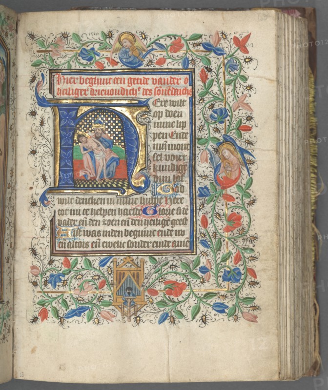 Book of Hours (Use of Utrecht): fol. 63r, Initial with Holy Trinity, c. 1460-1465. Master of Gijsbrecht van Brederode (Netherlandish), and Master of the Boston City of God (Netherlandish). Ink, tempera, and gold on vellum; binding:  brown Morocco over original wooden boards; overall: 5.9 x 11.6 cm (2 5/16 x 4 9/16 in.)