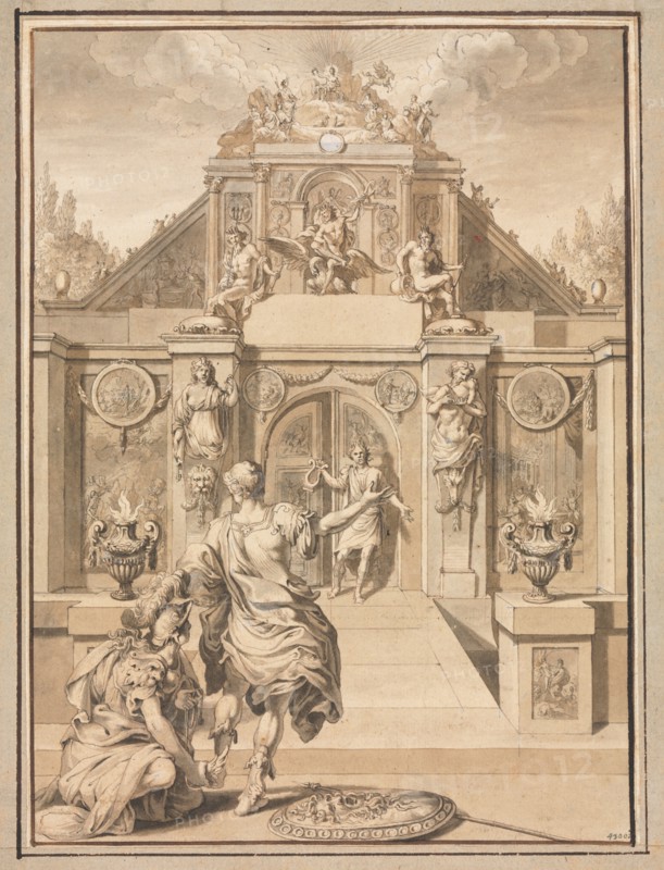 Perseus and Minerva before a Temple, first third 18th century?. Jan Goeree (Dutch, 1670-1731). Pen and brown ink, brush and brown and gray wash, over traces of red chalk, heightened with white gouache; framing lines in brown ink; sheet: 21.4 x 15.8 cm (8 7/16 x 6 1/4 in.); secondary support: 25.5 x 19.7 cm (10 1/16 x 7 3/4 in.).