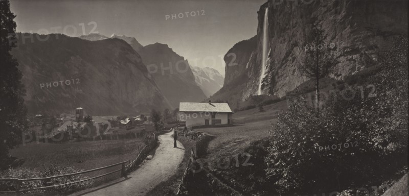 Valley of Lauterbrunnen, Switzerland (from the album Charbons de Braun- vues prises avec l'objectif panoramique mobile, 1868), c. 1868. Adolphe Braun (French, 1812-1877). Carbon print; image: 22.8 x 47.7 cm (9 x 18 3/4 in.); mounted: 37 x 58.8 cm (14 9/16 x 23 1/8 in.); matted: 45.7 x 76.2 cm (18 x 30 in.)