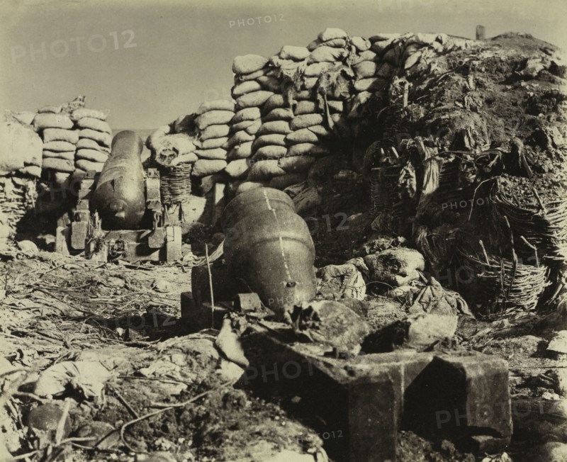 Battery, Malakoff, 1855. Leon-Eugéne Méhédin (French, 1828-1905), Col. Charles Langlois (French, 1789-1870). Varnished salt or albumen print from waxed paper negative; image: 25.9 x 31.7 cm (10 3/16 x 12 1/2 in.); mounted: 42.5 x 53.1 cm (16 3/4 x 20 7/8 in.); matted: 50.8 x 61 cm (20 x 24 in.).
