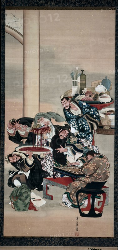Operating on Guanyu's Arm, 1840s. Katsushika Oi (Japanese, about 1800-after 1857). Hanging scroll; ink, color and gold leaf on silk; overall: 140.2 x 68.2 cm (55 3/16 x 26 7/8 in.).