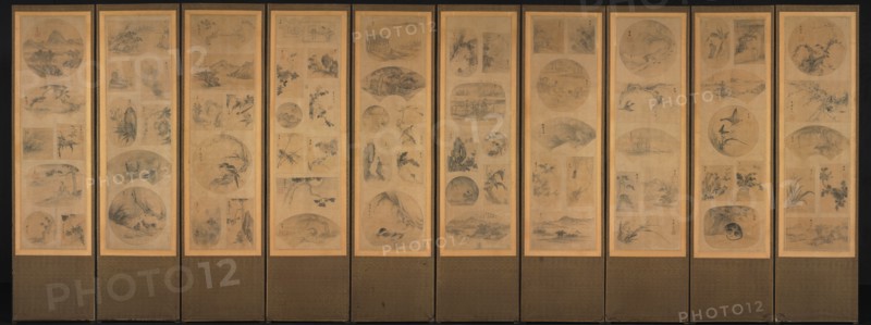 Painting of One Hundred Themes, 1800s. Korea, Joseon dynasty (1392-1910). Ten-panel folding screen affixed with album leaves (obverse), calligraphy (reverse), ink and color on silk; overall: 117.7 x 335 cm (46 5/16 x 131 7/8 in.); painting only: 164.5 x 43.6 cm (64 3/4 x 17 3/16 in.).