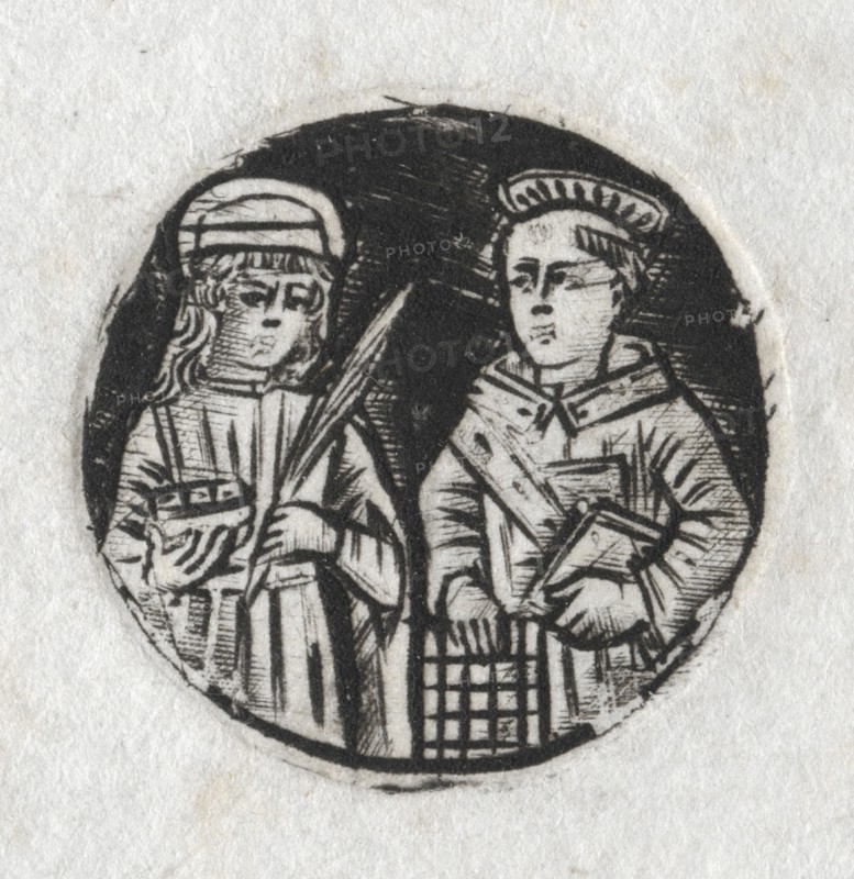 St. Lawrence and St. Lucy, c. 1487. Italy, 19th century. Round niello engraving; sheet: 3.6 x 3.5 cm (1 7/16 x 1 3/8 in.); platemark: 2.3 cm (7/8 in.)