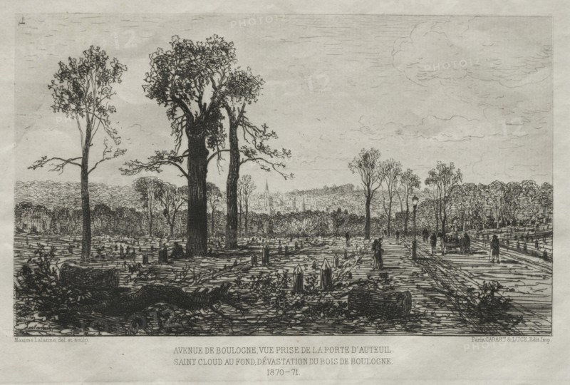 Souvenirs artistiques du Siége du Paris: Avenue de Boulogne, Vue Prise de la porte d'Auteuil, St. Cloud au fond, Dévastation du Bois de Boulogne, 1879-81. Maxime Lalanne (French, 1827-1886), Cadant and Luce. Etching; sheet: 28.7 x 43.2 cm (11 5/16 x 17 in.); platemark: 15.8 x 23.6 cm (6 1/4 x 9 5/16 in.).