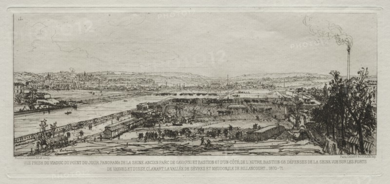 Souvenir artistiques du Siège de Paris: Vue prise du viaduc du Pont-du-Jour, Panorama de la Seine, ..., 1870-71. Maxime Lalanne (French, 1827-1886), Cadart et Luce. Etching