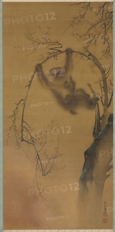 Monkeys in a Cherry Tree; Monkeys on a Rock Ledge, 1615-1868. Mori Sosen (Japanese, 1747-1821). Hanging scroll, mounted and framed, ink and color on silk; overall: 121.7 x 63.5 cm (47 15/16 x 25 in.).