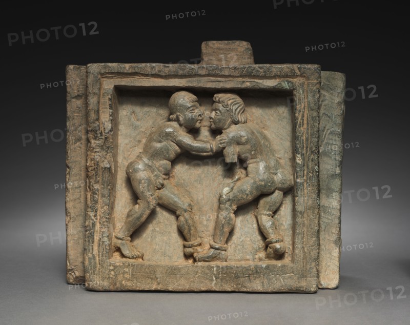 Architectural Bracket with Wrestlers, 100s-200s. Pakistan, Gandhara. Schist; overall: 16 x 20.5 cm (6 5/16 x 8 1/16 in.).